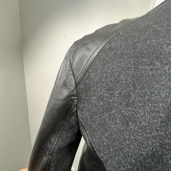 Eileen Fisher Black Leather Wool Zip Up Jacket Size M Moto